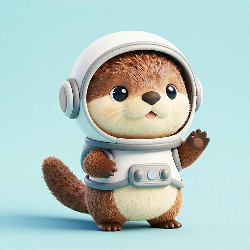 Chibi-style digital illustration of an adorable, brown-and-cream ferret in a white astronaut suit with a helmet, waving against a bright blue background