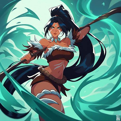 Illustration of Nidalee, league of legends in the style of Suoiresnu