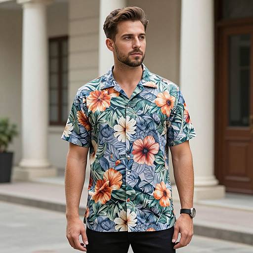Photograph of a handsome, bearded man with short brown hair, wearing a vibrant, floral Hawaiian shirt and black pants, standing on a city street