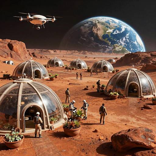 Photorealistic CGI of a Martian colony with transparent domed habitats, six astronauts, Earth in the background, and a hovering drone. Red rocky landscape