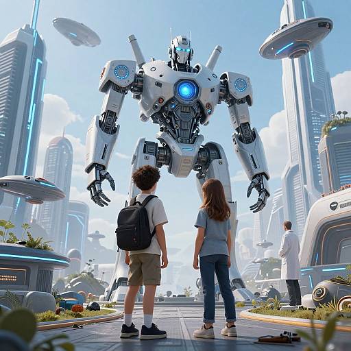 Children Facing Giant Futuristic Robot