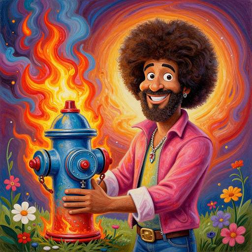 Vibrant digital illustration of a smiling, bearded man with an afro, wearing a pink shirt, holding a blue fire hydrant with flames