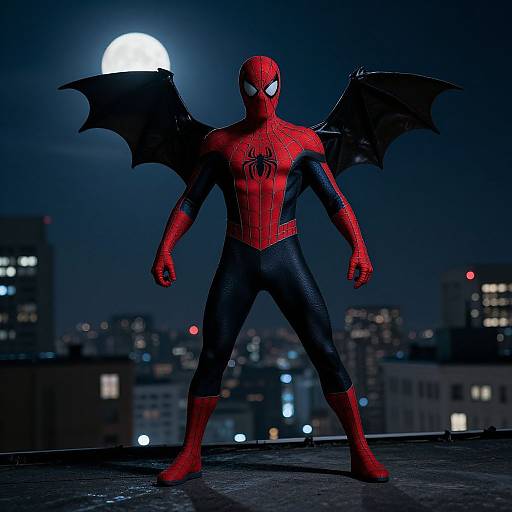 Photograph of a superhero with red and black Spider-Man costume, bat wings, standing on rooftop at night with full moon. City skyline in background.