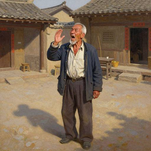 Photograph of an elderly Asian man with white hair and beard, wearing a navy jacket, white shirt, and black pants, laughing outdoors in front of