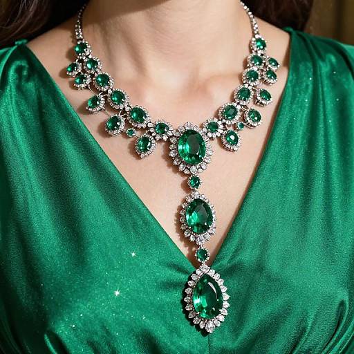 Photograph of a woman wearing a lush green dress with an elaborate emerald and diamond necklace, featuring oval and round gemstones, sparkling against her fair