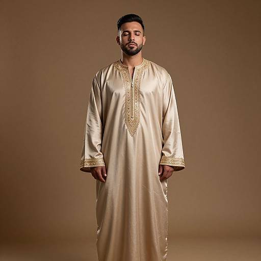 Photograph of a bearded man with dark skin and short black hair, wearing a long, gold satin thobe with intricate embroidery, standing against a