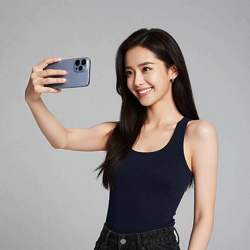 Photograph of a smiling young Asian woman with long black hair, wearing a black tank top and jeans, taking a selfie with a blue iPhone against a