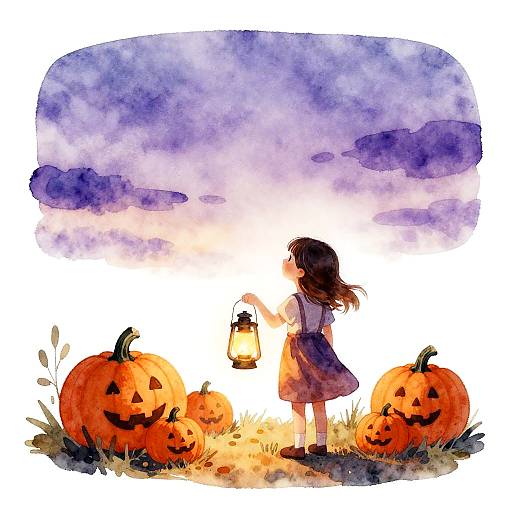 Lantern Girl in Pumpkin Patch Twilight