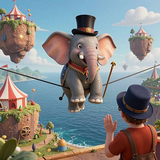Digital artwork of a gray, anthropomorphic elephant in a top hat and vest, balancing on a rope, with a child waving below, floating islands,