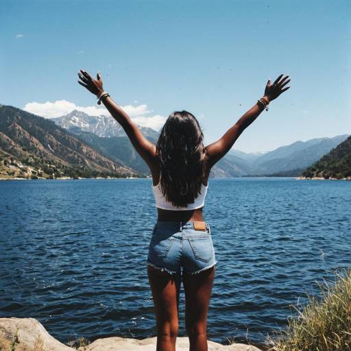 Woman with Outstretched Arms by Mountain Lake