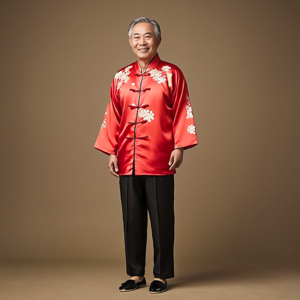 Smiling Elderly Man in Red Tang Suit