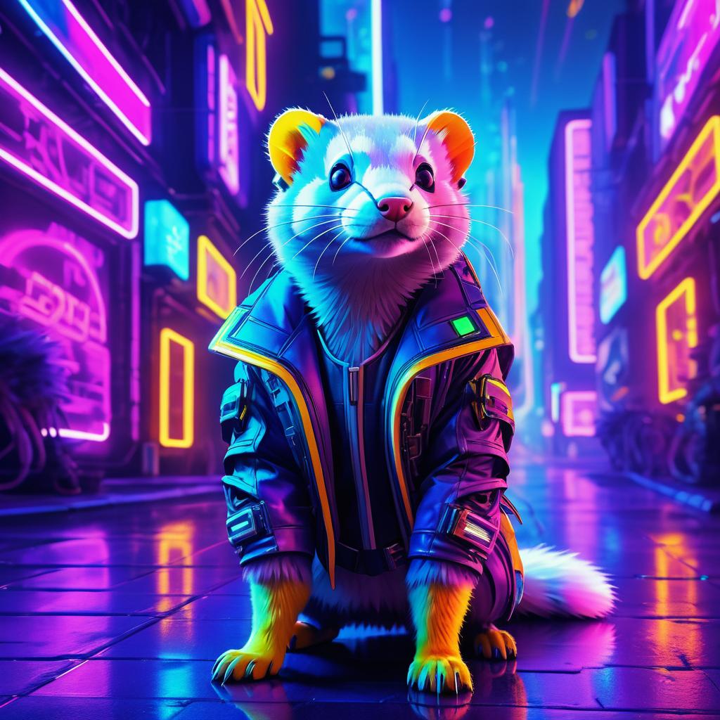 Vibrant Cyberpunk Ferret in Cityscape