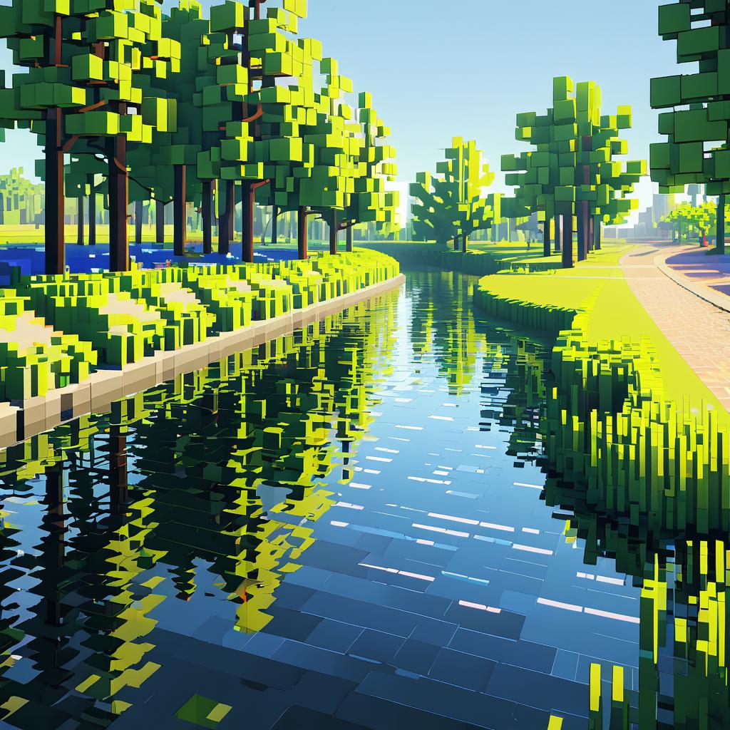 Urban Riverbank in Voxel Art Style