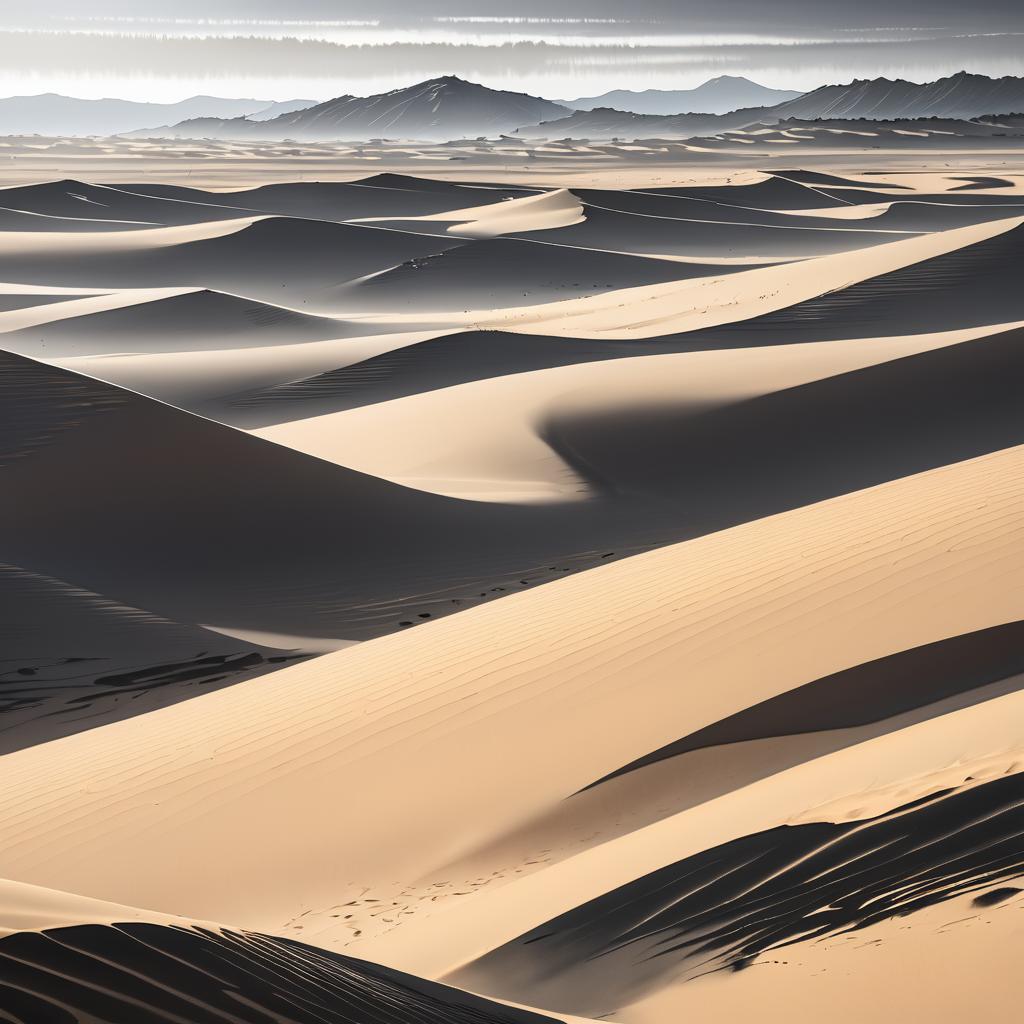 Serene Arid Dunes in Ink Wash