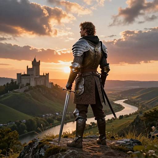 Photograph of a knight in silver armor, back to the sunset, standing on a hill with a castle and river below.