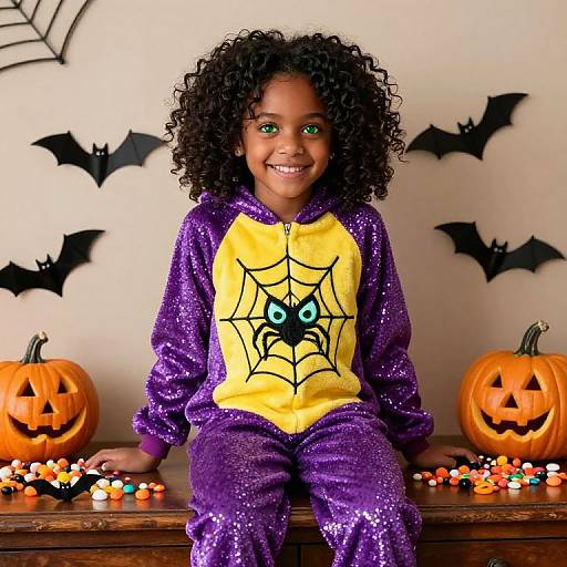 Photograph of a smiling Black child with curly hair in a purple, spider-web-patterned Halloween onesie, sitting on a table with carved pumpkins
