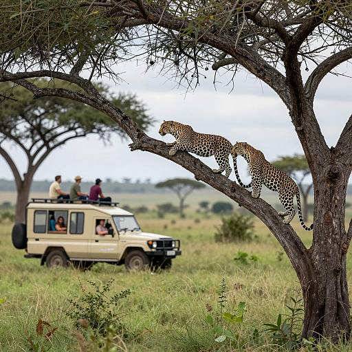 Leopards on Tree Branch with Safari Tourists