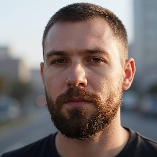 Photograph of a bearded Caucasian man with short dark hair, wearing a black shirt, against a blurred urban background. Sunlight highlights his face.