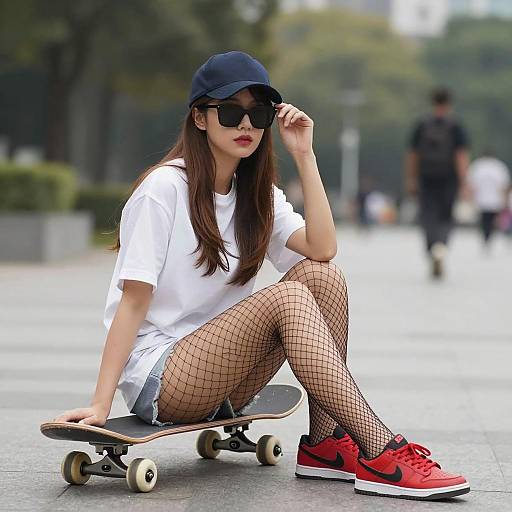 Chic Girl with Skateboard and Dumbbell