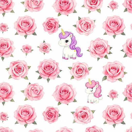 Cute digital illustration of pink roses and cartoon unicorns with purple manes, scattered across a white background.