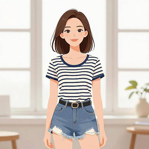 Digital anime-style drawing of a smiling young woman with straight brown hair, wearing a striped shirt and frayed denim shorts, standing in a bright, sun