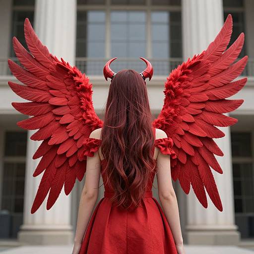 Photograph of a woman with long red hair, red devil horns, and large red feathered wings, facing away, in front of a grand building