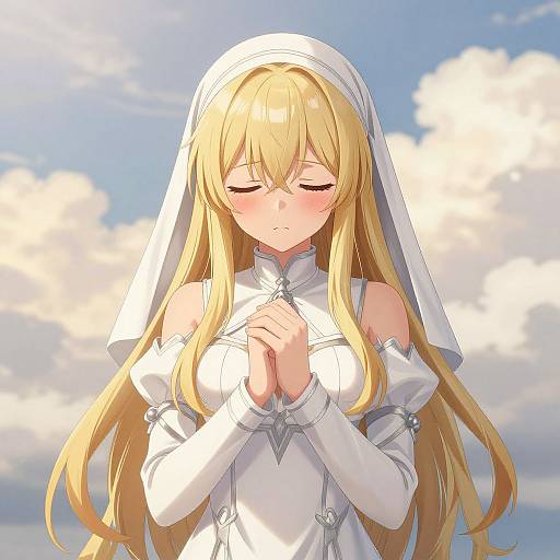 Anime-style digital drawing of a blonde, fair-skinned, long-haired nun with closed eyes, praying, wearing a white veil and dress, against a