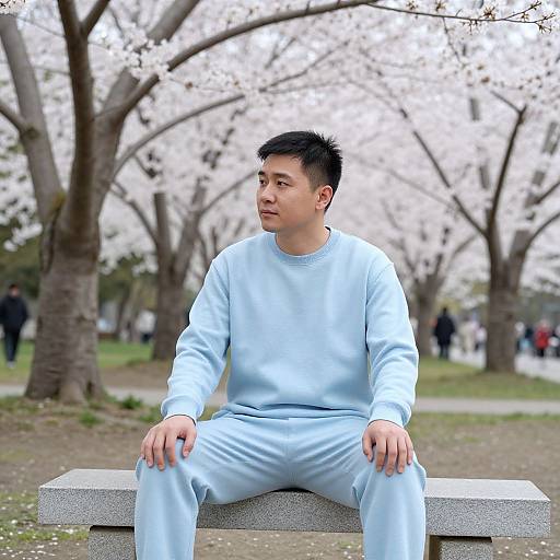 Photograph of an Asian man with short black hair, wearing light blue sweatpants and long-sleeve shirt, sitting on a stone bench in a