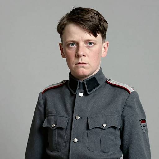 Photograph of a young white boy with short brown hair, wearing a black military-style uniform with red and white shoulder stripes, and a serious expression,