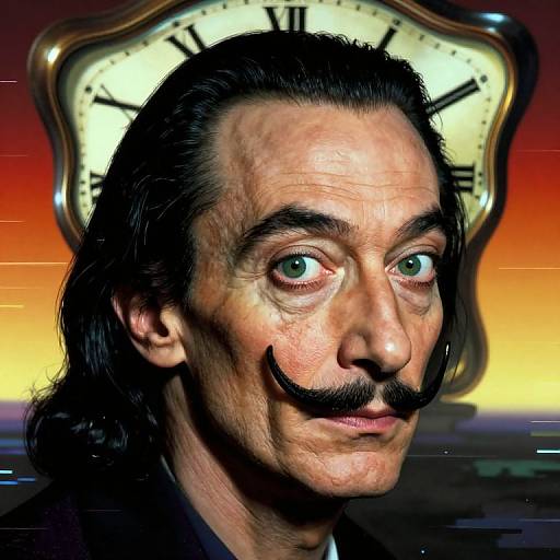 Photorealistic digital portrait of a man with long black hair, green eyes, and a thick mustache, set against a large clock face with a