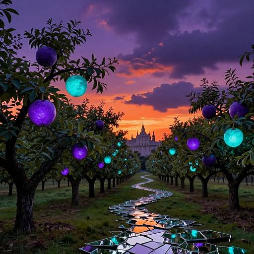 Surreal Dusk Orchard with Floating Palace