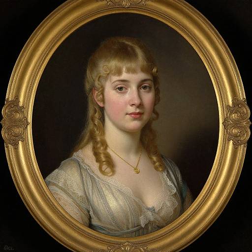 Photograph-style painting of a young Caucasian woman with curly blonde hair, fair skin, wearing a lace-trimmed dress and gold necklace, framed in