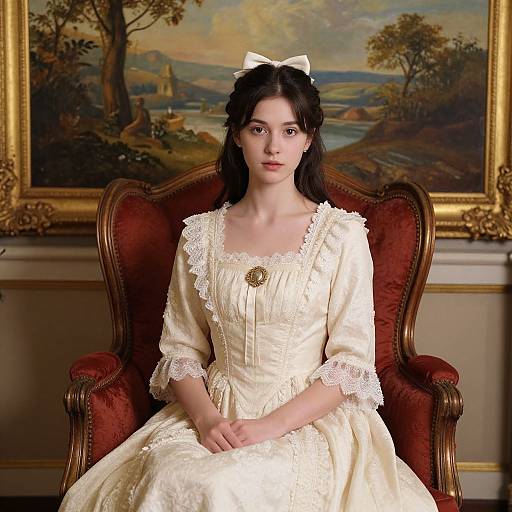 Photograph of a pale-skinned, dark-haired woman in a cream, lace-trimmed Victorian dress, seated on a red velvet chair, with
