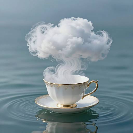 Photograph of a white, gold-trimmed teacup with steam rising, floating on calm blue water, creating ripples around its base.