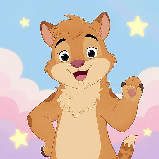 Cute cartoon fox with orange fur, white chest, and pink nose waving cheerfully against a pastel sky with stars. Digital art.