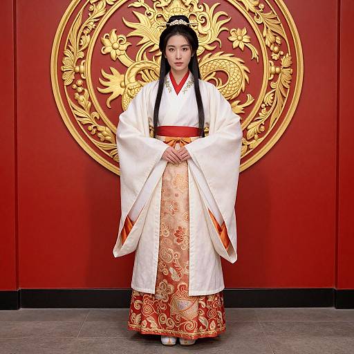 Photograph of an East Asian woman in traditional white and red kimono with intricate gold patterns, standing in front of a red ornate circular golden wall