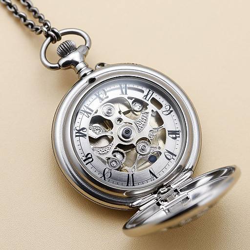 Photograph of a silver, open, antique pocket watch with exposed gears and Roman numerals on a beige background.