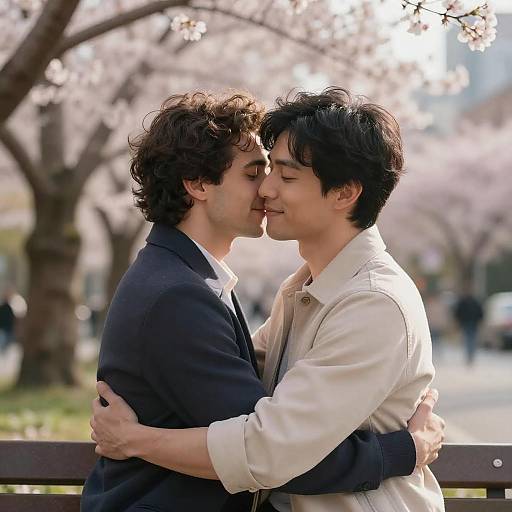Photograph of two Asian men, one in a black suit and the other in a beige jacket, kissing tenderly under cherry blossoms. Background: