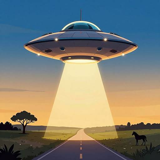 Cartoon UFO Over Rural Landscape