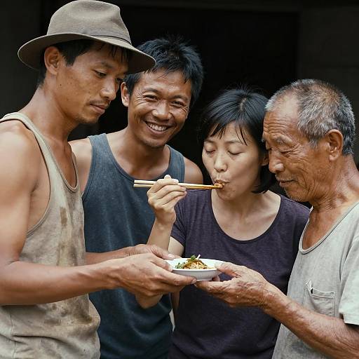 Group Eating Asian Food with Chopsticks