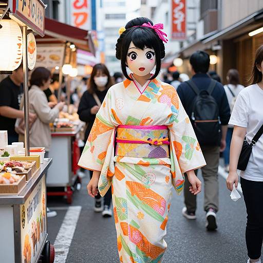 Photograph of a young Japanese woman in a colorful floral kimono, black hair in bun with pink ribbon, walking in a busy nighttime street market with