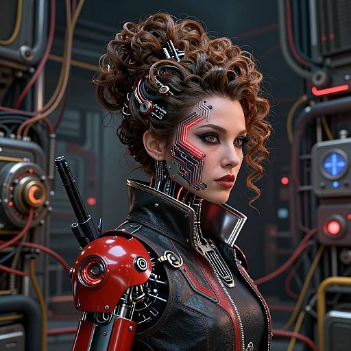 Cyberpunk woman with curly hair, mechanical cybernetic enhancements, red robotic shoulder, and futuristic lab background. Detailed digital art with a sci-fi