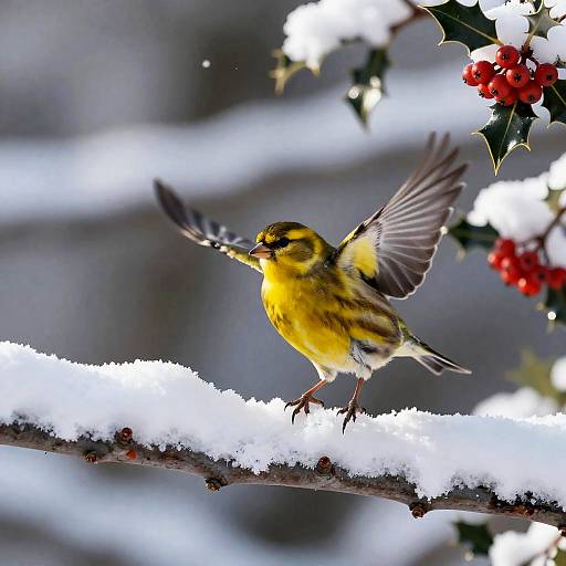 Sunlit Canary on Snowy Holly Branch