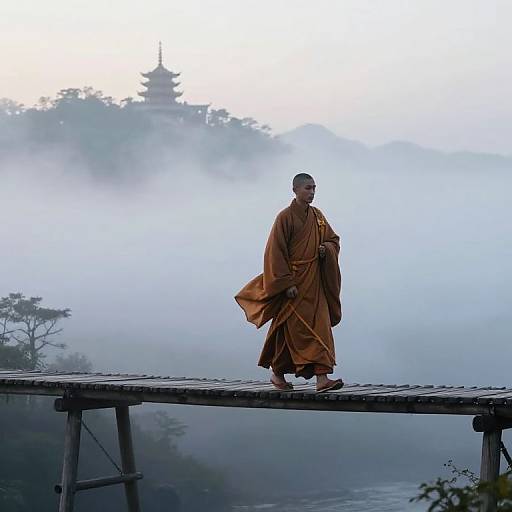 Photograph of a bald Buddhist monk in orange robes walking on a misty wooden bridge, with a distant temple peak in the foggy background.