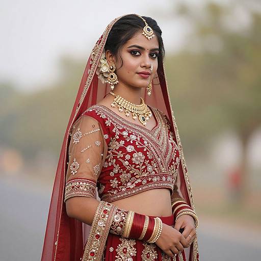 Photograph of a young Indian woman in a red and gold traditional bridal outfit, adorned with jewelry, standing outdoors with a blurred background.