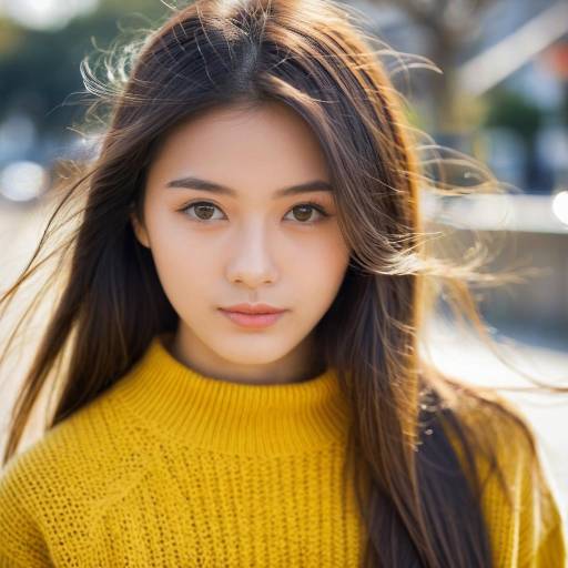 Young Asian Woman in Yellow Sweater Outdoors