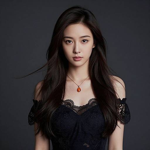 Photograph of a young Asian woman with long black hair, wearing an off-shoulder black lace top and a red pendant necklace, against a dark