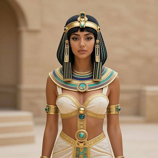Digital artwork of an Egyptian woman with dark skin, black hair, wearing a gold and turquoise Nemes headpiece, white bra top, and skirt,