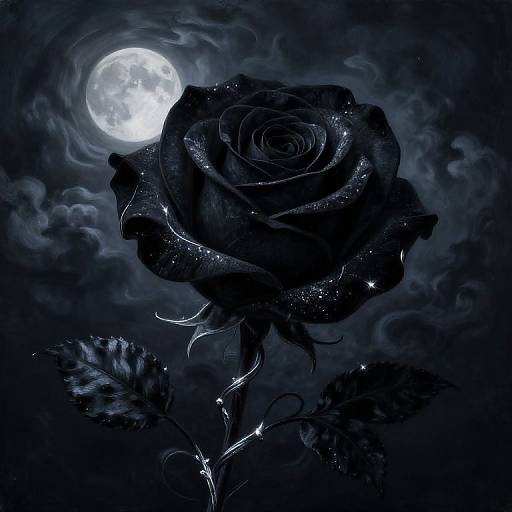 Digital drawing of a black, glittery rose under a full moon, with wispy clouds and detailed petals against a dark blue night sky.