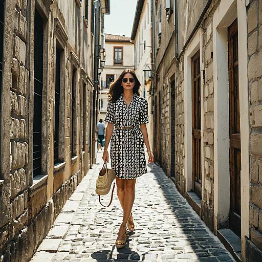 Woman in Vintage Dress Walking in European Alley